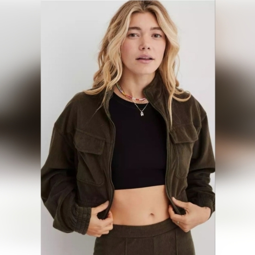 Aerie Corduroy Cropped Utility Jacket, Y2K Style, Size Small,Dark Green/ Brown
